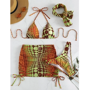 Detailed view of the 4-piece retro swimwear set with mesh skirt and psychedelic pattern
