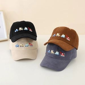 Kids corduroy baseball cap with construction vehicle embroidery in four assorted colors