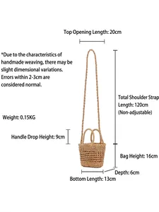 Mini paper rope woven beach bag for women with detailed size measurements and strap dimensions