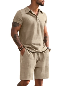 Close-up of khaki beige men waffle knit texture on short sleeve polo shirt and shorts set