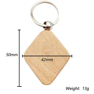 Rhombic DIY wooden keychain with metal ring showing dimensions 50mm height and 13g weight