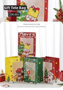 Christmas gift bags with transparent windows, snowman and tree patterns with silver handles