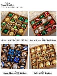 Detail of 44-piece Christmas ball ornament set in multi-color glitter and matte finishes