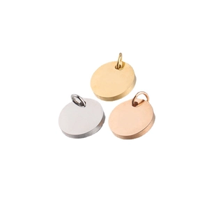 Polished stainless steel round pendant charms in gold, silver, and rose gold finishes