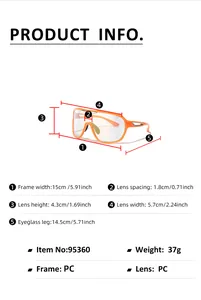 Detailed size chart for Y2K oversized sunglasses showing frame and lens dimensions