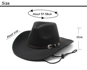 Size chart for black felt cowboy hat showing 58cm circumference and 8cm brim width