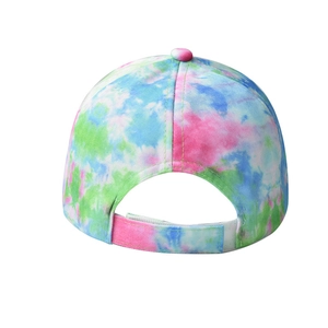 Detail view of the tie-dye cotton baseball cap with adjustable Velcro back closure