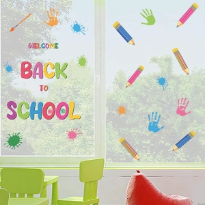 Colorful Welcome Back to School PVC window stickers with pencils and handprints