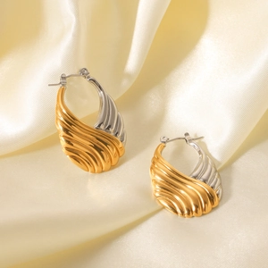 Stainless Steel Hoop Earrings Gold And Silver Two Tone Ripple Textured Luxury Geometric Jewelry For Women