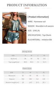Size chart for floral faux silk homewear suit including camisole and ruffle shorts dimensions