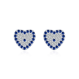 Sparkling S925 sterling silver heart-shaped stud earrings with blue and white crystals