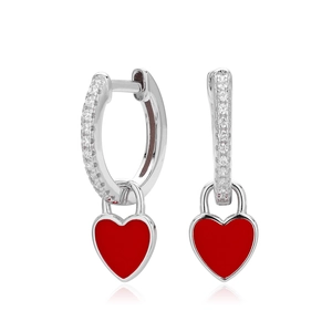 925 silver hoop earrings with red enamel heart lock pendant and cubic zirconia
