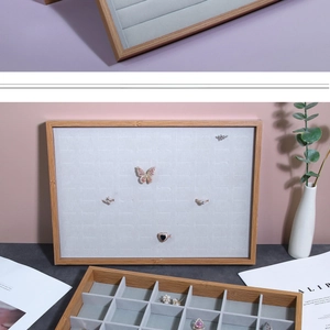 Solid wood jewelry display tray set with grey velvet lining for rings and necklaces