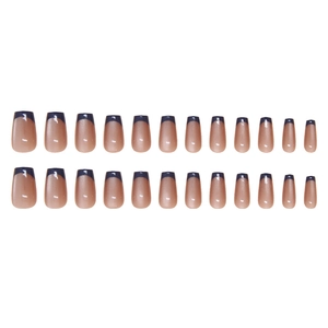 Faux ongles French manucure bleu foncé œil de chat, 24 pièces de forme ovale longue