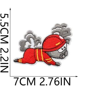 Detailed embroidery of cartoon firefighter patch with precise dimension lines