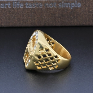 Hip hop style gold stainless steel horse head ring with diamonds and hollow grid sides
