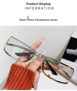 Detail of silver oval metal frame sunglasses with rivets on transparent lenses