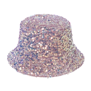 Close-up of sparkling lavender leopard sequins on a stylish bucket hat for festivals