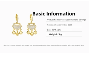 Detail view of gold-plated peace lock earrings with dimensions and 925 silver needle info