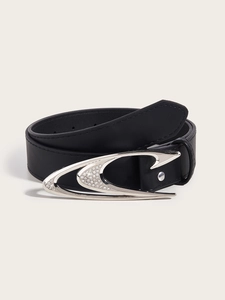 Detailed view of black leather belt featuring a stylish silver rhinestone buckle design
