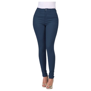 Classic dark blue slim fit high-waisted denim jeans for women on white background