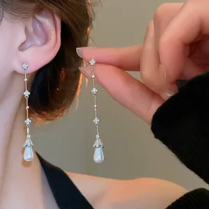 Elegant Long Tassel Earrings With Clover Zircon And Teardrop Imitation Artificial Pearl 925 Sterling Silver Earring Post