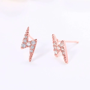 Mini lightning bolt stud earrings in rose gold finish with sparkling white zircon stones