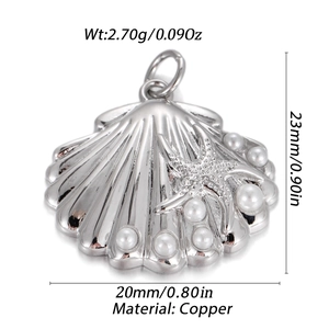 Detailed silver shell pendant with starfish and pearls including dimensions and weight info