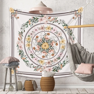 Bohemian floral mandala tapestry hanging on wall for aesthetic room decor