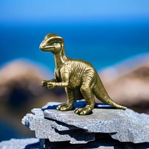 Detailed macro view of a Parasaurolophus copper dinosaur figurine on a natural rock