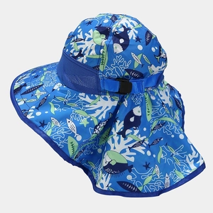 Kids blue sun hat with ocean cartoon print, wide brim and neck flap for outdoor play