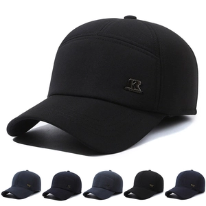 Men Winter Baseball Cap With Foldable Earflaps Warm Cotton Woolen Windproof Outdoor Hat Metal Logo Casual Sport Style