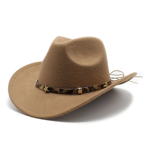 Western Cowboy Hat Woolen Felt Wide Brim Leopard Print Band Gold Star Rivets Retro Ethnic Jazz Fedora Men Women