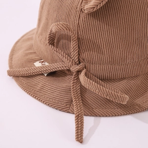Coffee brown corduroy children bucket hat with cute bear ears and windproof strap for winter