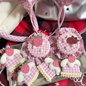 Pink plaid hair accessories set with strawberry felt charms and soft pom-poms