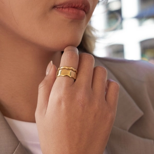 Minimalist 18K gold stainless steel ring set with wavy and irregular textured bands