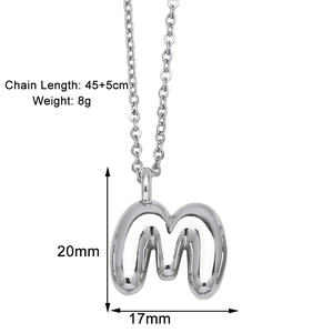 Detail view of silver letter M pendant with technical dimensions and chain length specs
