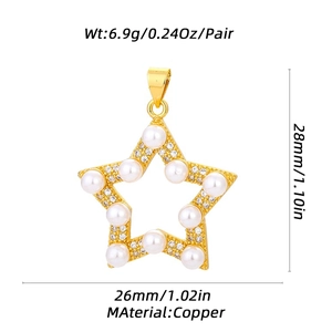 Gold star charm pendant with pearl inlay in copper, dimensioned at 26x28mm for DIY jewelry
