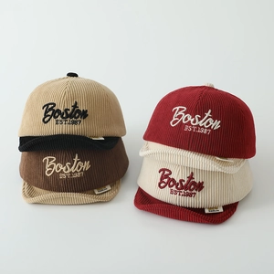 Corduroy baby baseball hats with Boston embroidery in four vintage colors