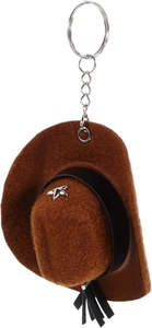 Detail of a brown felt cowboy hat keychain with a silver star and metal chain