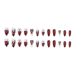 24-piece red press-on nails set with cherry patterns, flame art, and glossy finishes
