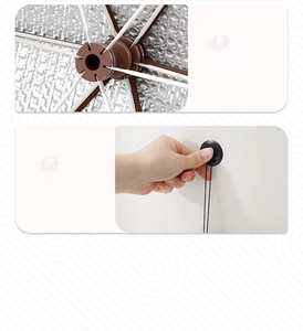 Detail of reinforced frame and suction cup hook on the foldable food cover for storage