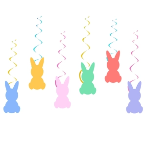 Easter party decoration set with colorful bunny silhouettes and hanging spiral ribbons