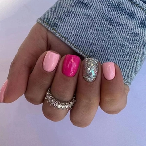 Short Square Press On Nails Pink Rose Red Silver Glitter Artificial Fake Nails Sweet Girl Style For Women