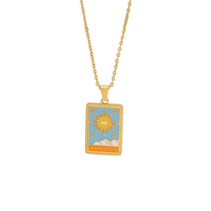 Golden stainless steel tarot necklace featuring a blue enamel Sun pendant and fine chain