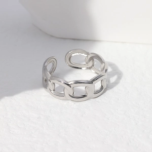 Detailed close-up of a silver stainless steel chain ring with an adjustable open design