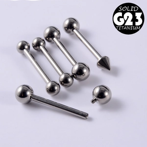 Detailed macro of G23 titanium body piercing barbells showing threads and polished finish