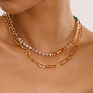 Collier Double Couche En Acier Inoxydable Avec Perles De Cristal Colorées Pour Femmes Chaîne Trombone Cube Bijoux