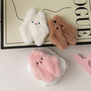 Porte-monnaie lapin en peluche blanc brun et rose avec broderie minimaliste