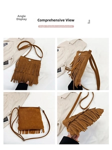 Detail view of vintage brown suede crossbody bag with multi-layer tassel and metal buckle